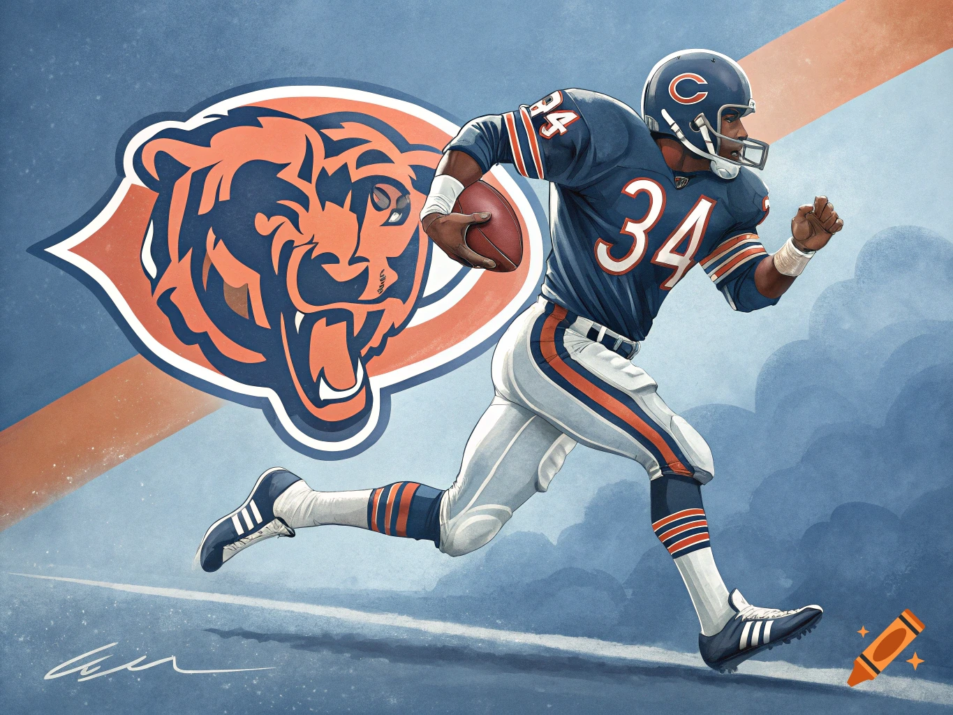 Illustration of a Chicago Bears football player wearing number 34 running with a football, with the team logo in the background.
