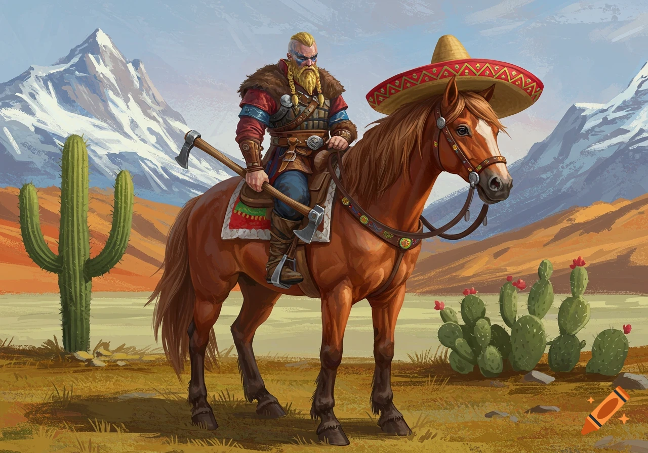 A Viking rides a horse wearing a sombrero through a desert landscape with mountains and cacti.