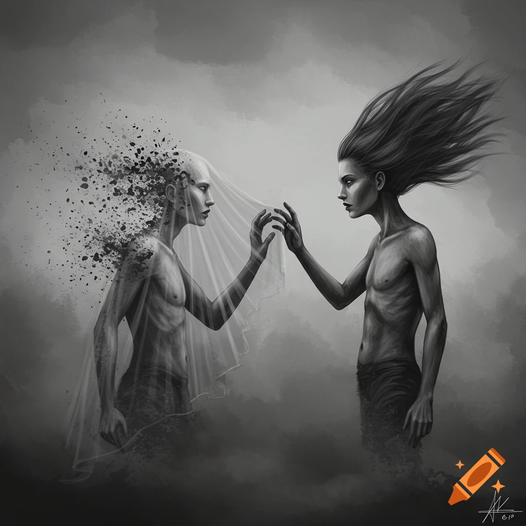 A dark, surreal painting of two gaunt figures reaching through a veil, one dissolving into particles.