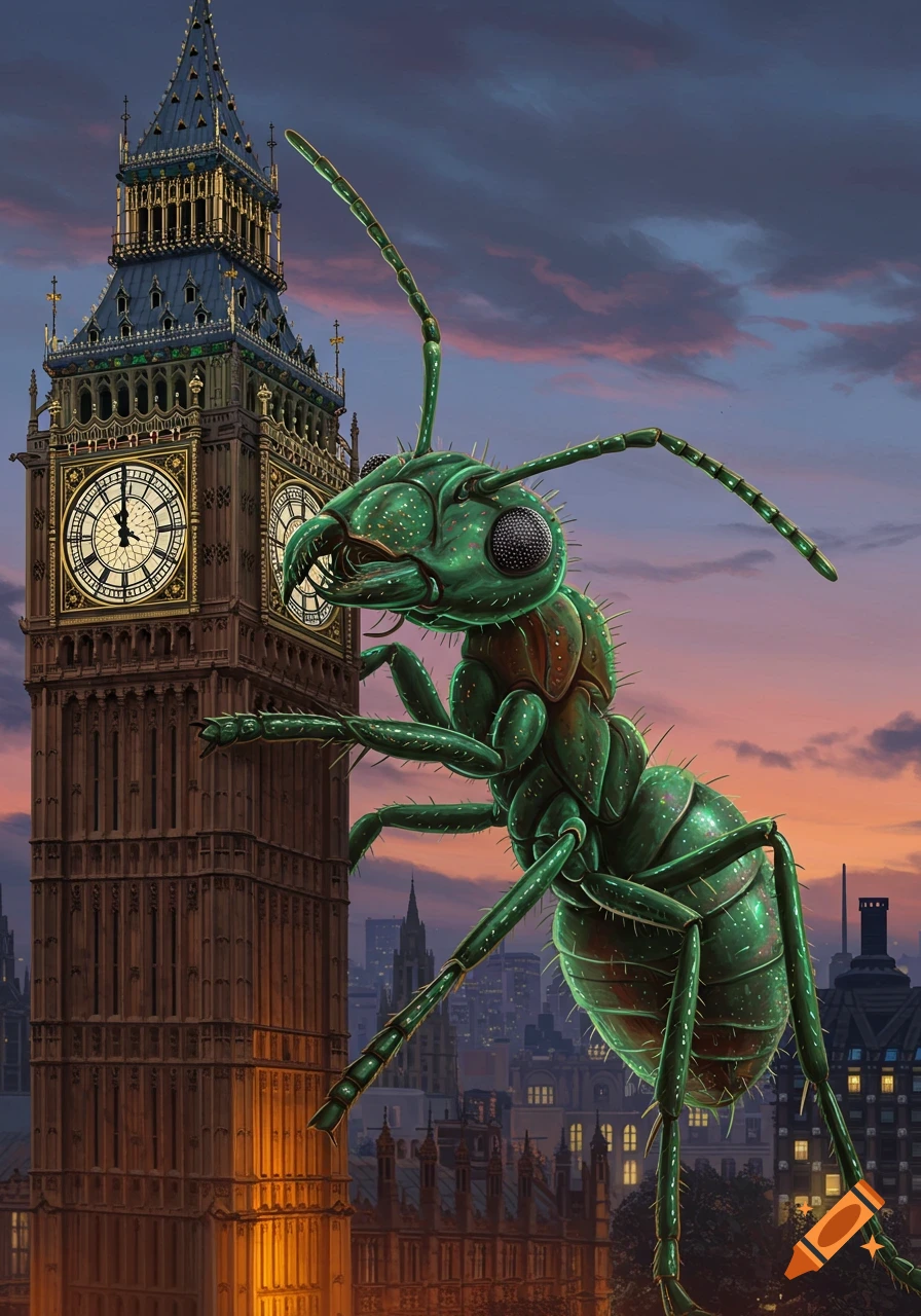 A giant green ant climbing the clock tower of Big Ben in London at sunset.