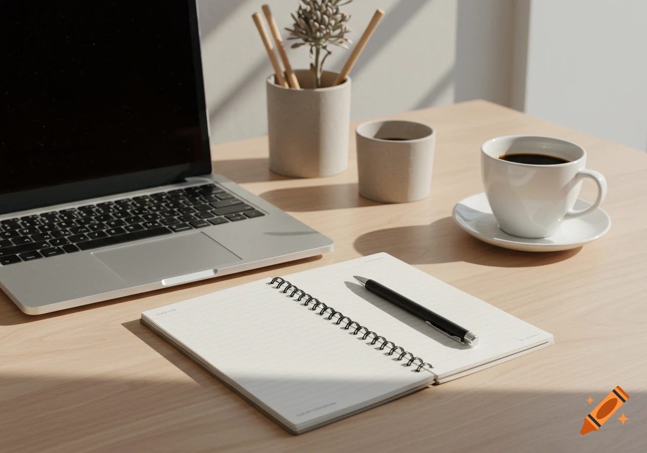 Laptop, notebook, pen, and coffee cup on a wooden desk in natural light.