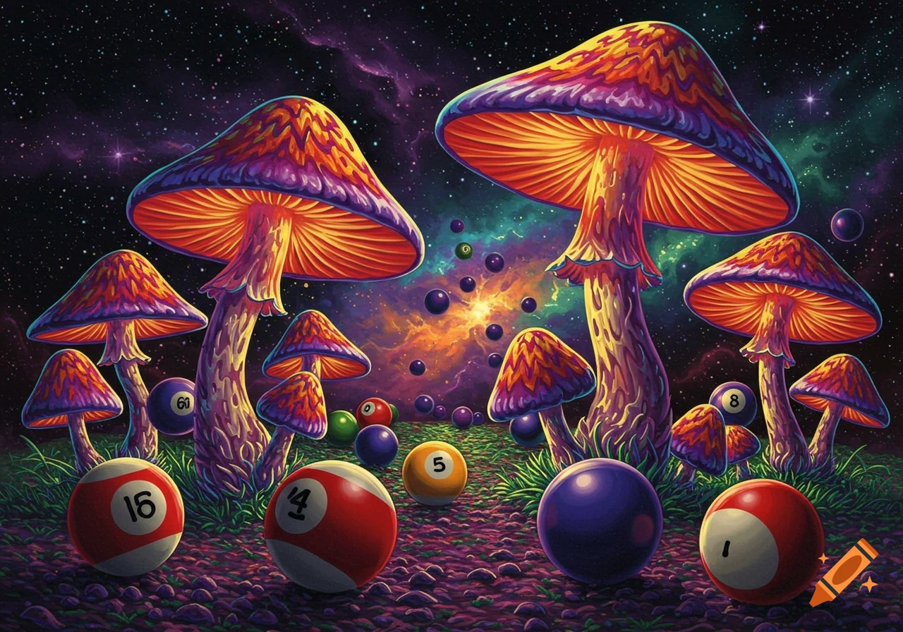Trippy mushrooms and billiard balls in a vibrant, surreal space setting.