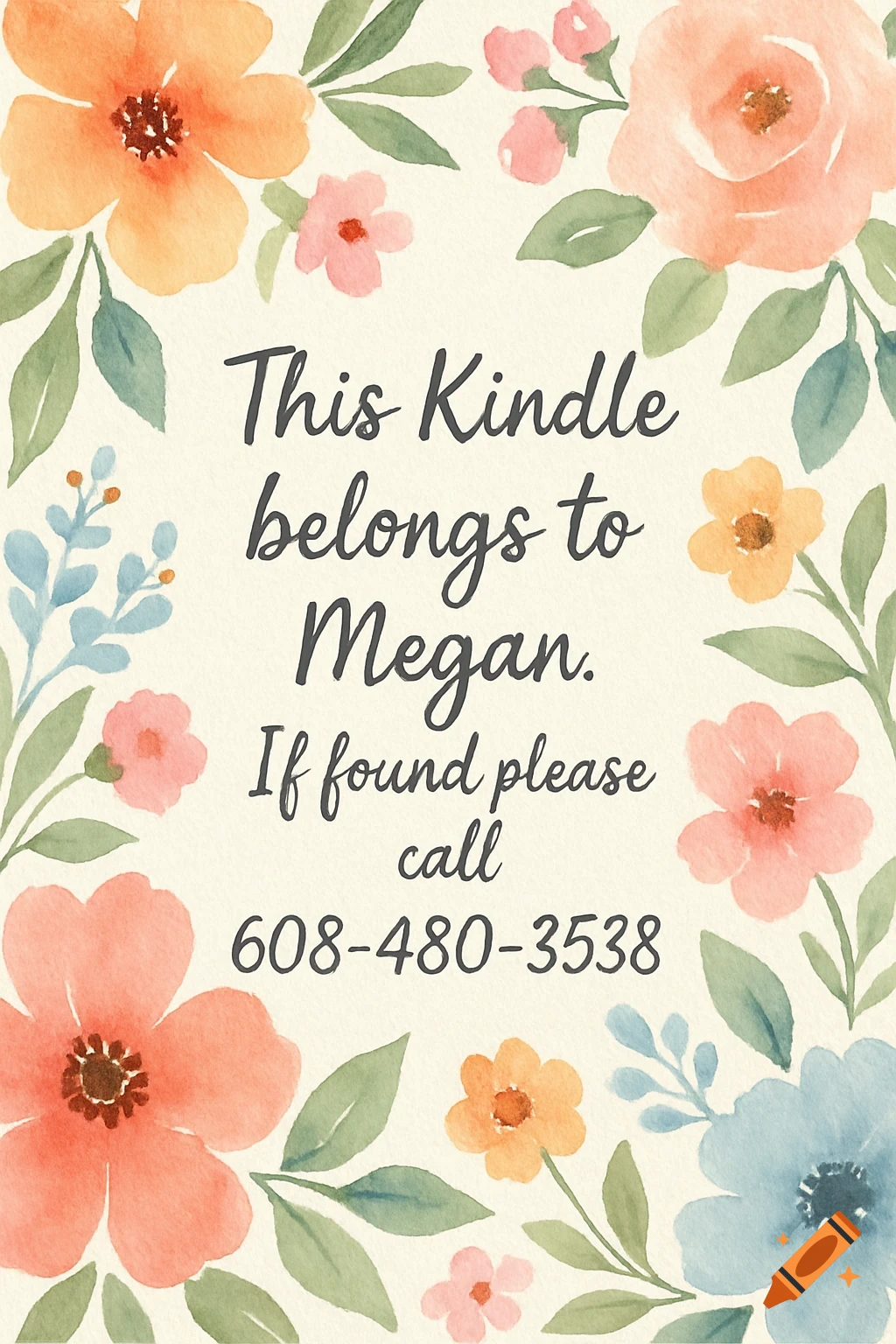 Watercolor flowers frame text stating who the kindle belongs to and a phone number.
