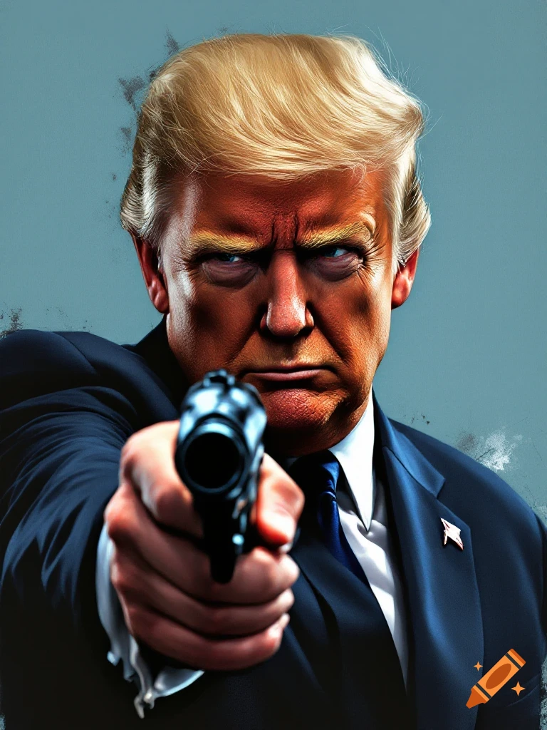 Close-up portrait of Donald Trump in a suit aiming a handgun at the viewer.