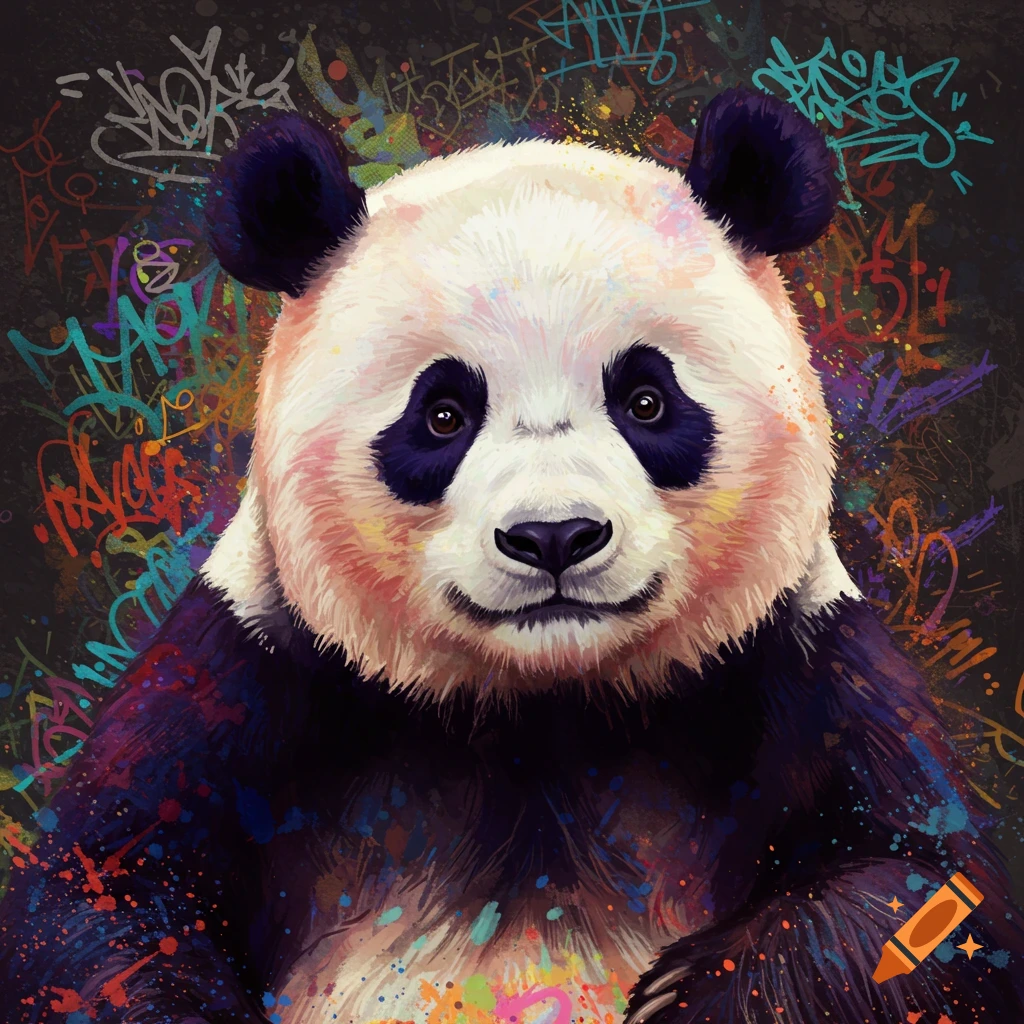 Watercolor painting of a panda against a dark background covered in colorful wild style graffiti.