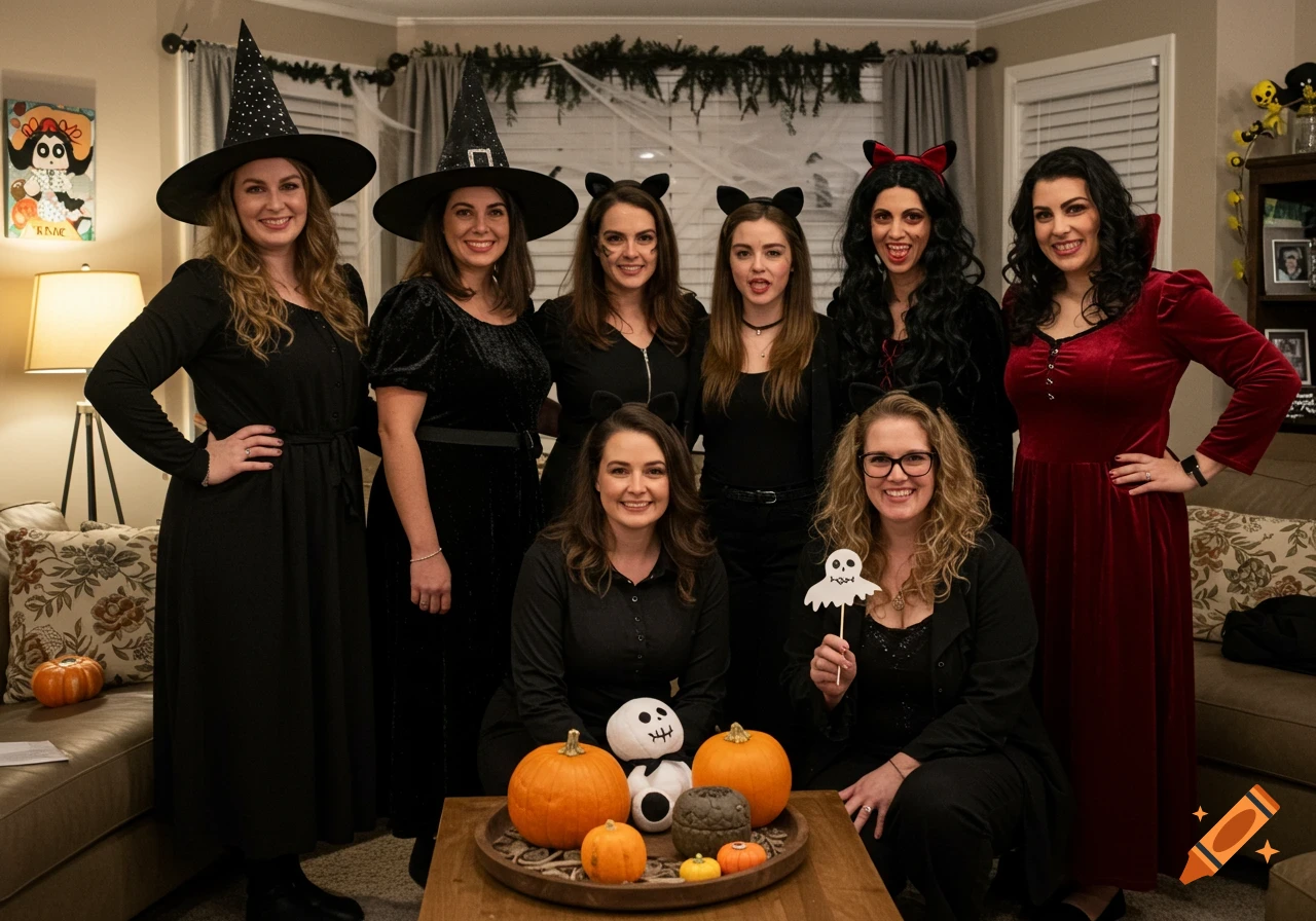 Group of women in Halloween costumes posing at a party in a living room decorated for Halloween.
