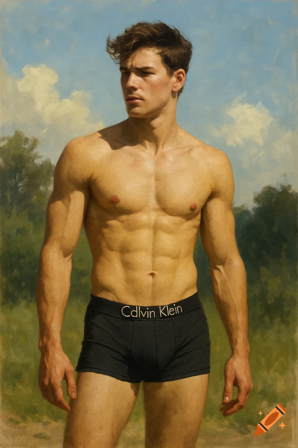 A muscular man in Calvin Klein boxer briefs stands outdoors in a painterly style.