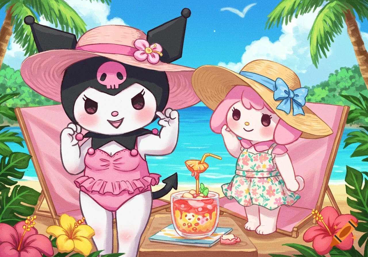 Kuromi and My Melody on a tropical beach vacation, wearing swimwear and hats, with a drink.