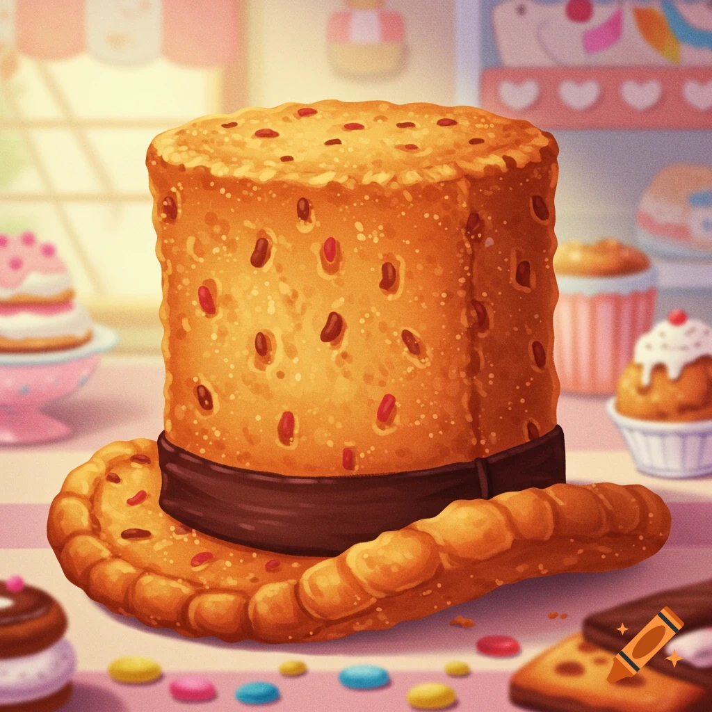 A top hat made of biscuit with fruit pieces sits in a bakery setting.