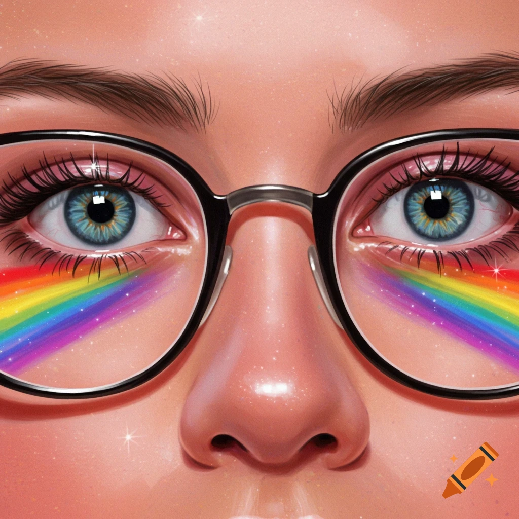 A close-up illustration of eyes wearing glasses with rainbows reflected in the lenses.