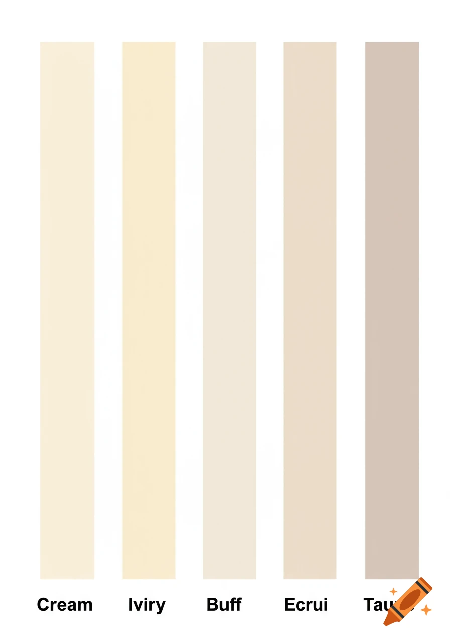 Five vertical color swatches, labeled Cream, Iviry, Buff, Ecrui, and Taupe.