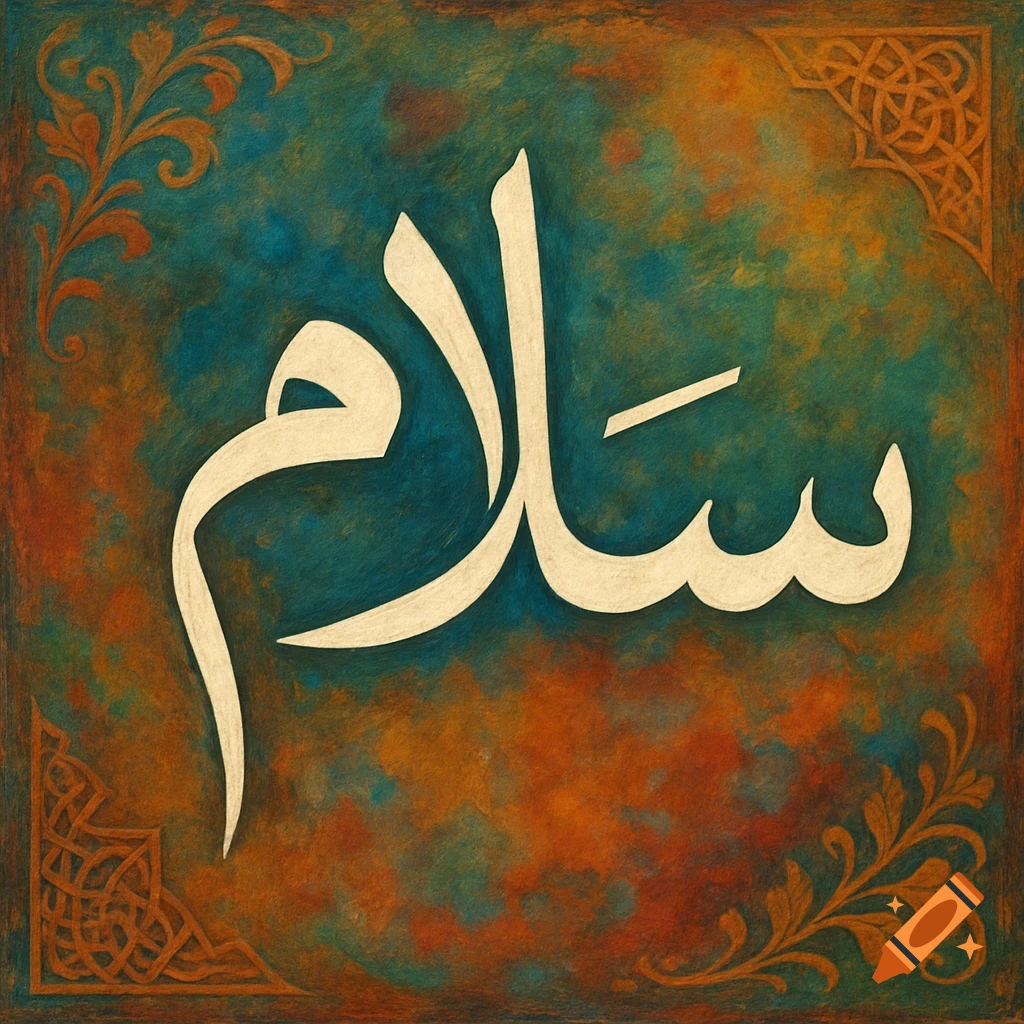 Arabic calligraphy spelling "Salam" in beige on a textured blue, orange, and green background with decorative corner elements.