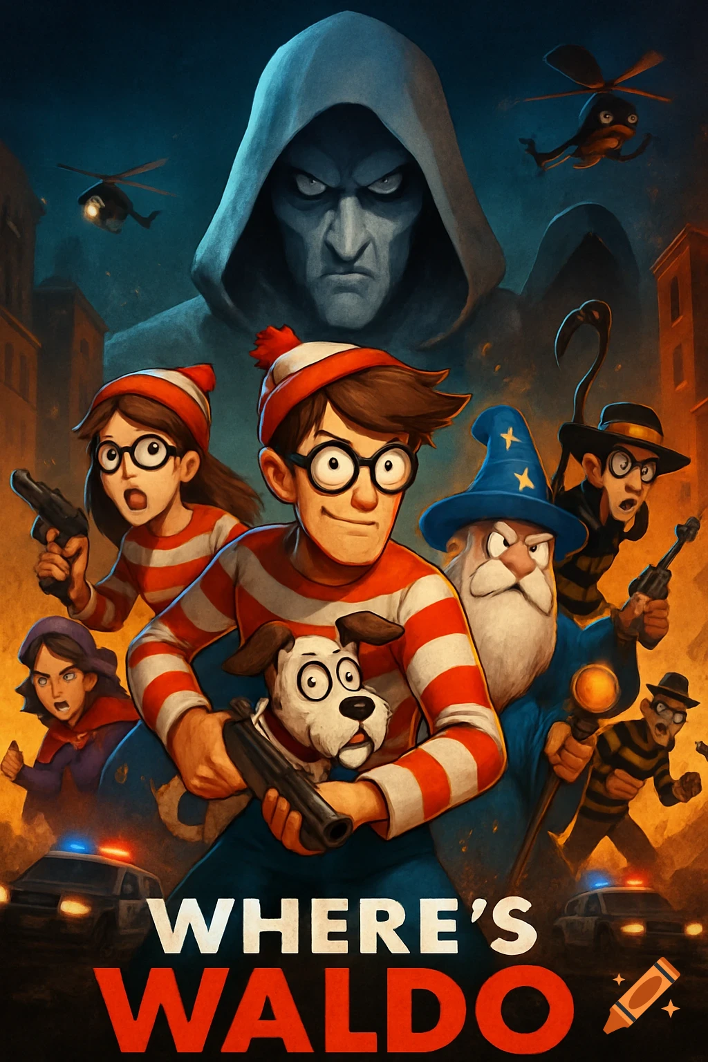 Movie poster showing Waldo, Wenda, Woof, Whitebeard, and other characters holding weapons against a city backdrop with a hooded figure.