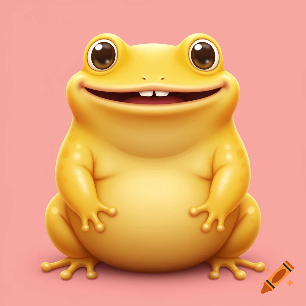 A cute cartoon yellow frog with a wide smile and big eyes sits against a pink background.