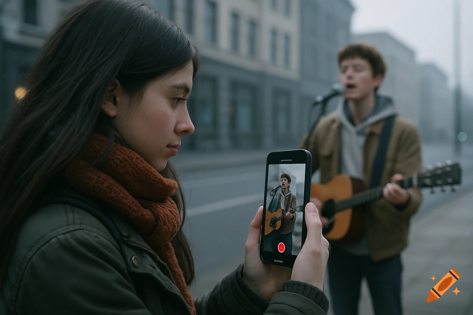 A girl records a street musician on her phone on a cold city street. The busker is blurry in the background.