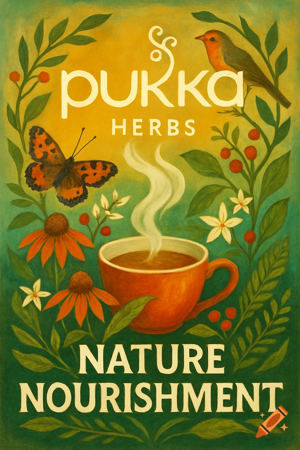 Illustration of a cup of tea with steam, surrounded by plants, a butterfly, and a bird, with the text Pukka Herbs and Nature Nourishment.