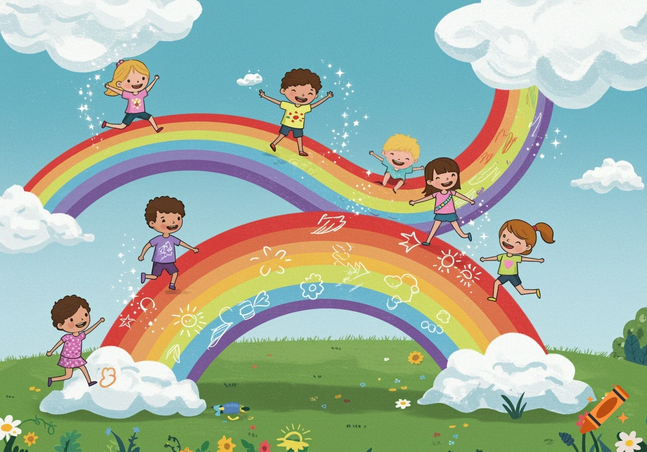 Cartoon illustration of children playing on colorful rainbows in a grassy field.