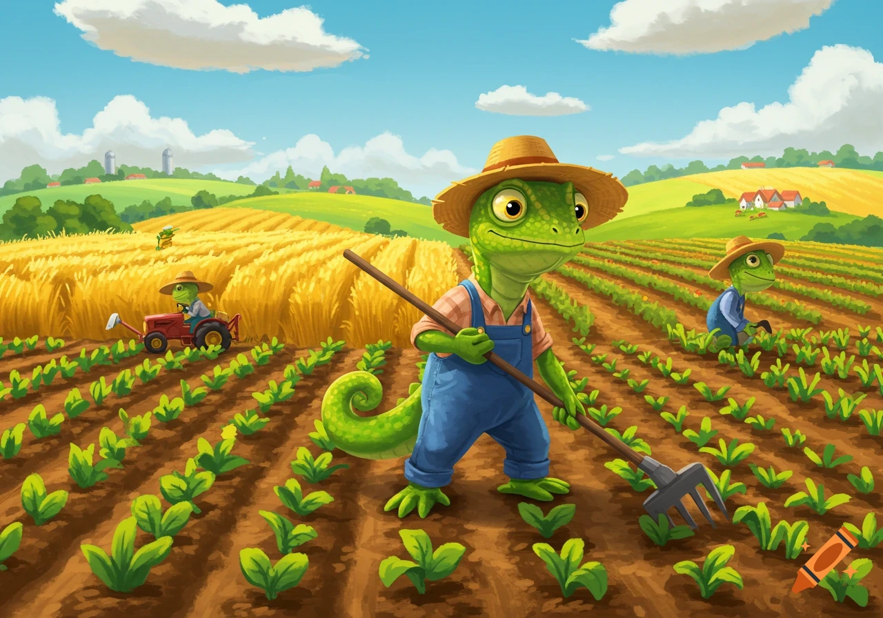 A cartoon lizard farmer in overalls holds a rake in a field with other lizards farming.