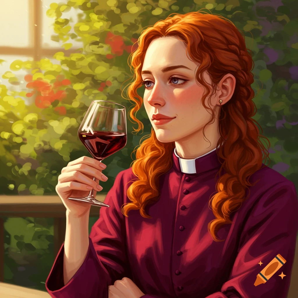 Portrait of a red-haired woman in clerical collar holding a glass of red wine outdoors.
