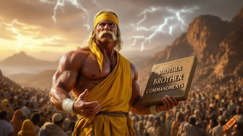 Hulk Hogan as Moses holds stone tablets before a large crowd in a stormy mountainous landscape.