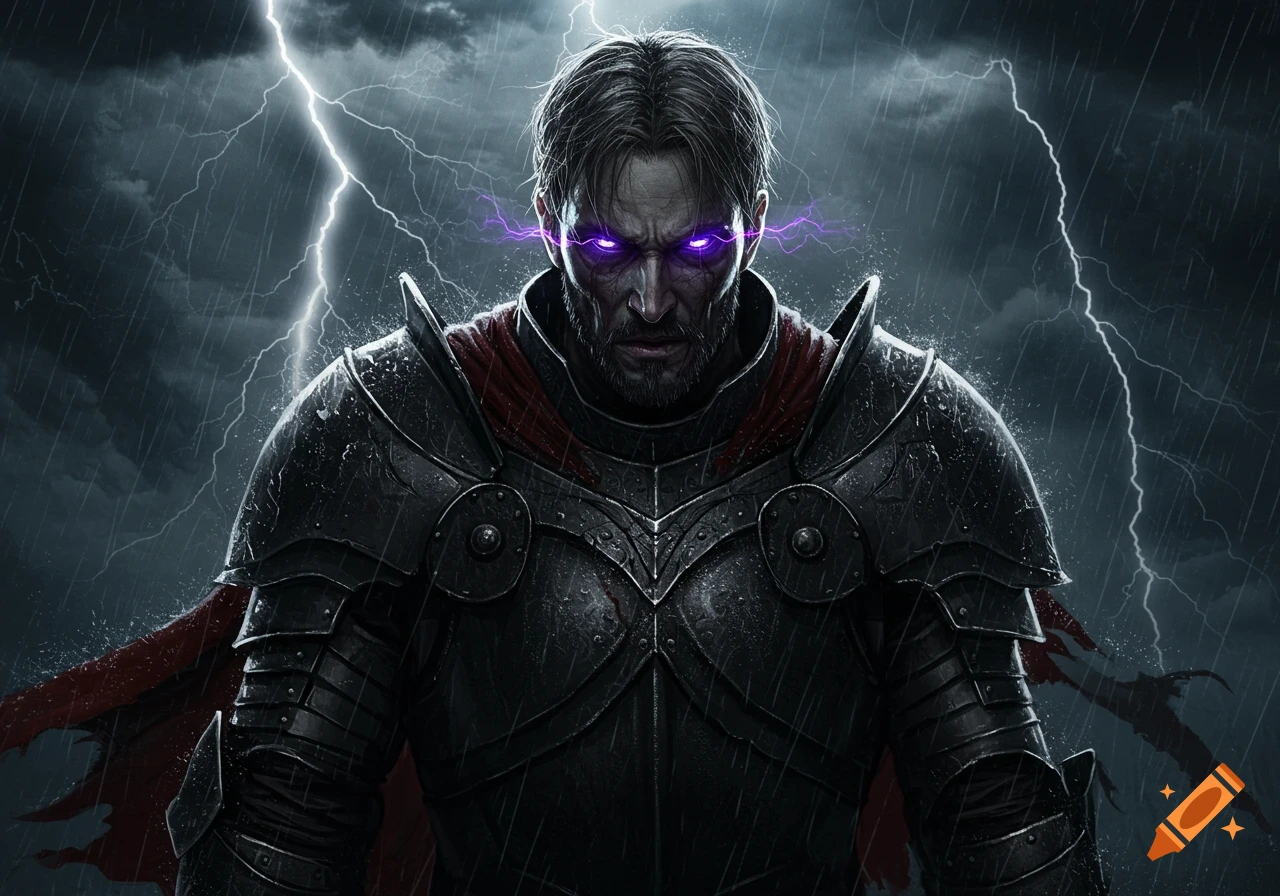 A man in black knight armor with glowing purple eyes stands in a thunderstorm with lightning.
