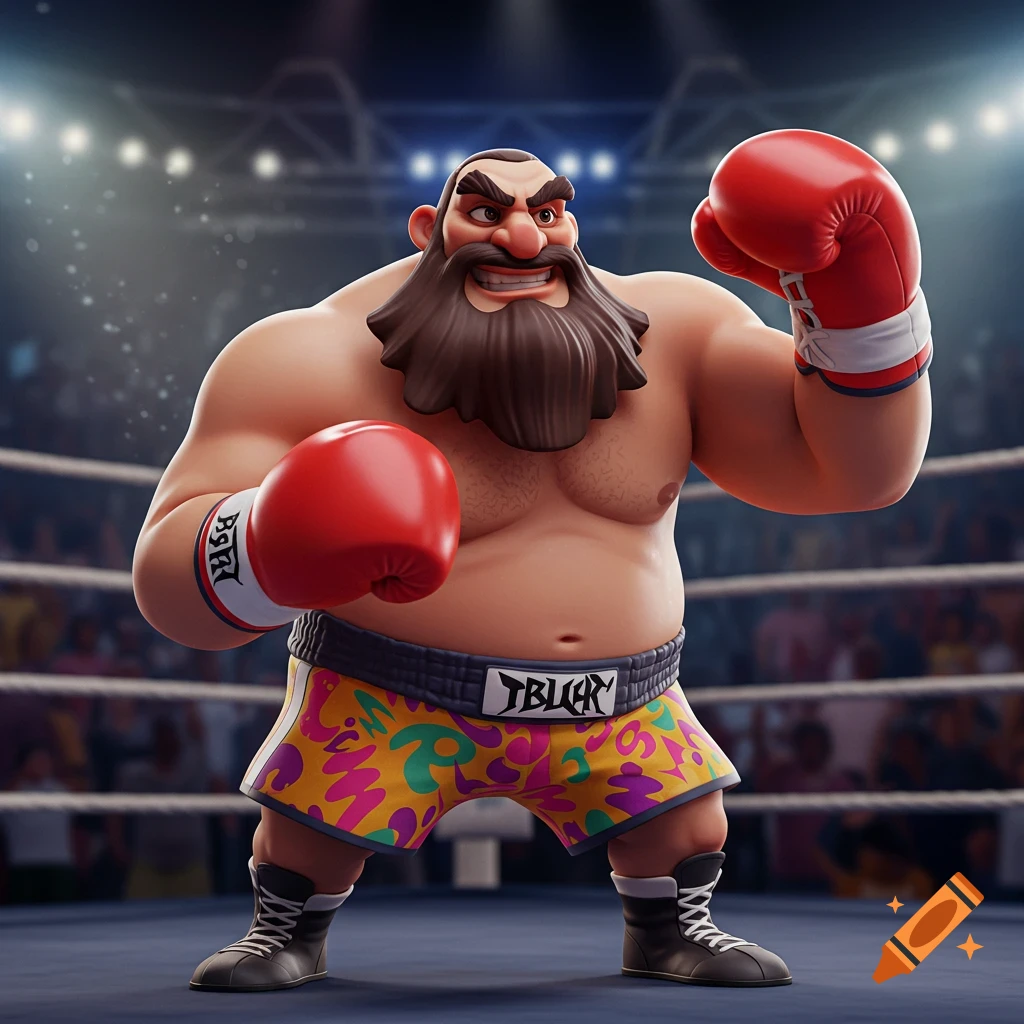 Stylized cartoon boxer with beard in a ring, wearing red gloves and ...
