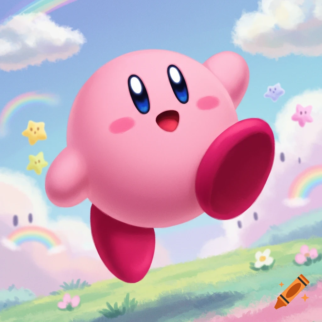 Kirby runs through a dreamy landscape with rainbows and stars