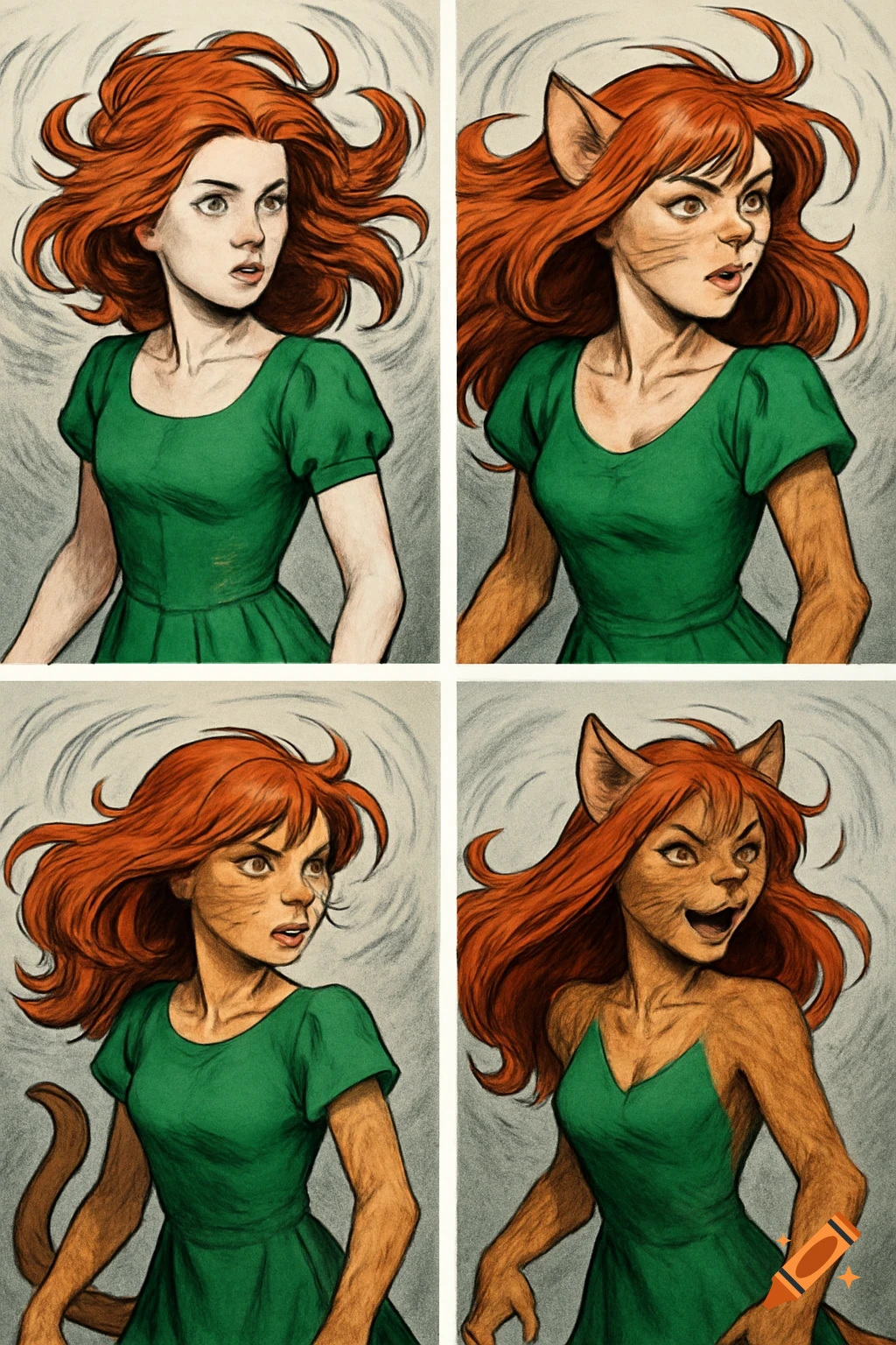 Four-panel comic art sequence showing a red-haired woman transforming into a werecat.