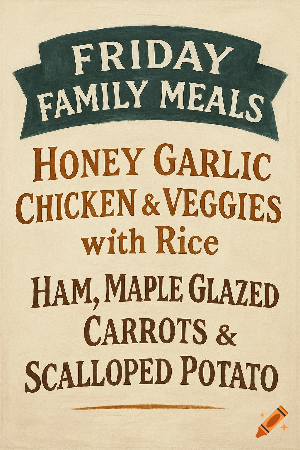 A sign for Friday Family Meals listing menu options: Honey Garlic Chicken & Veggies with Rice, and Ham, Maple Glazed Carrots & Scalloped Potato.