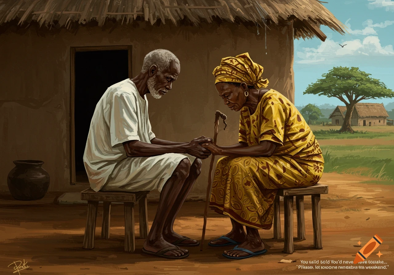 Elderly African couple sits outside a hut, holding hands with heads bowed, in a painted style.