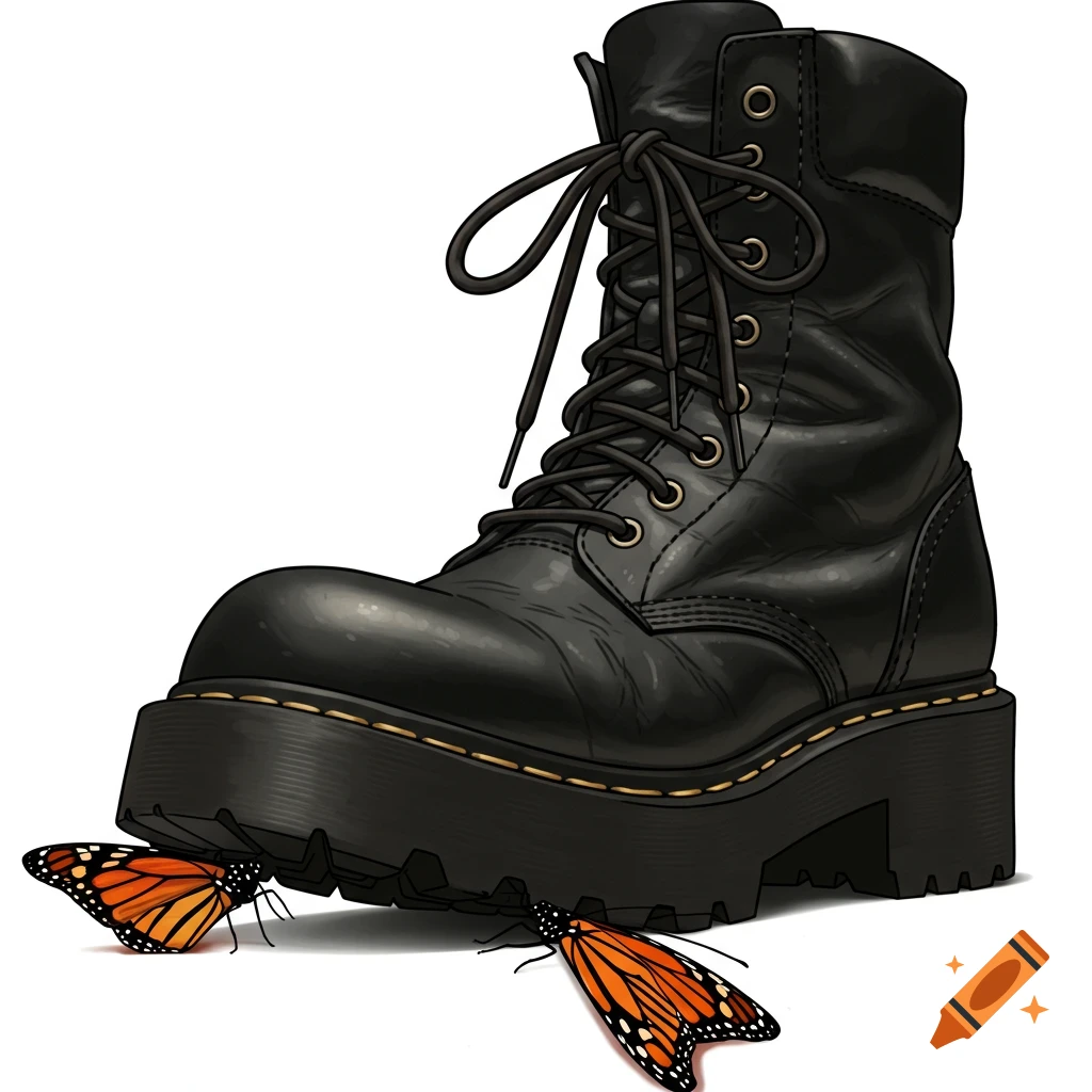 An illustration of a black combat boot with two monarch butterflies near its sole.