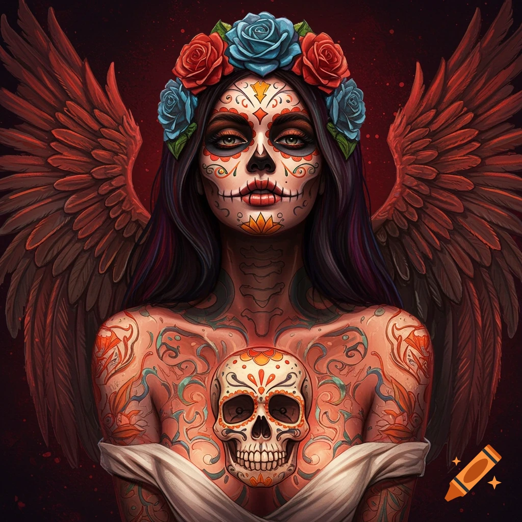 Woman with sugar skull face paint, wings, chest tattoo, and floral crown