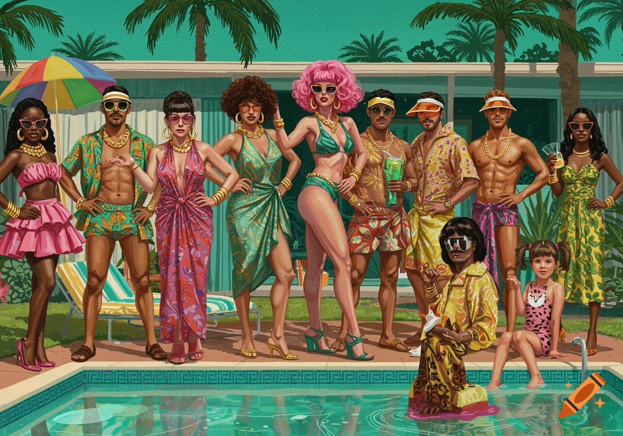 Stylish people in colorful swimwear at a glamorous pool party in a mid-century modern backyard with palm trees.