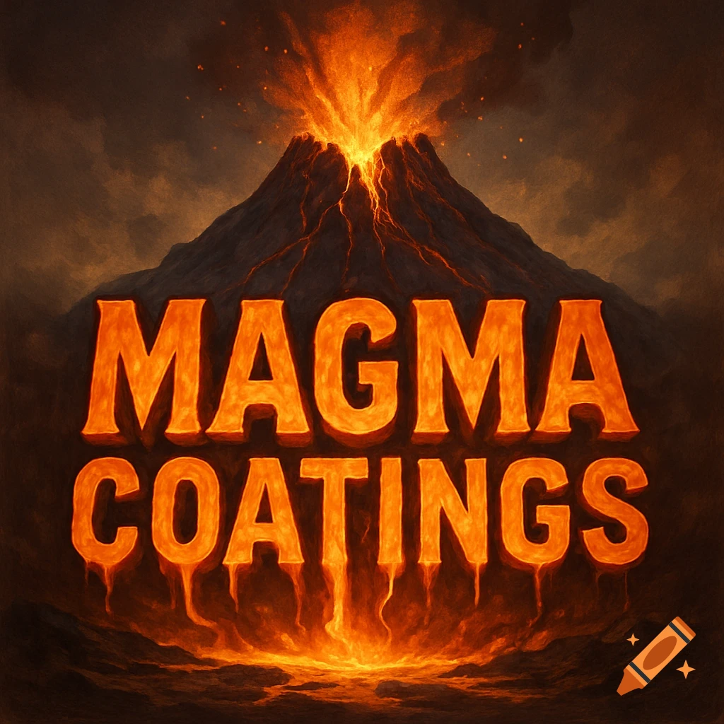 Volcano erupting with lava and fiery orange text reading "MAGMA COATINGS" melting into lava.