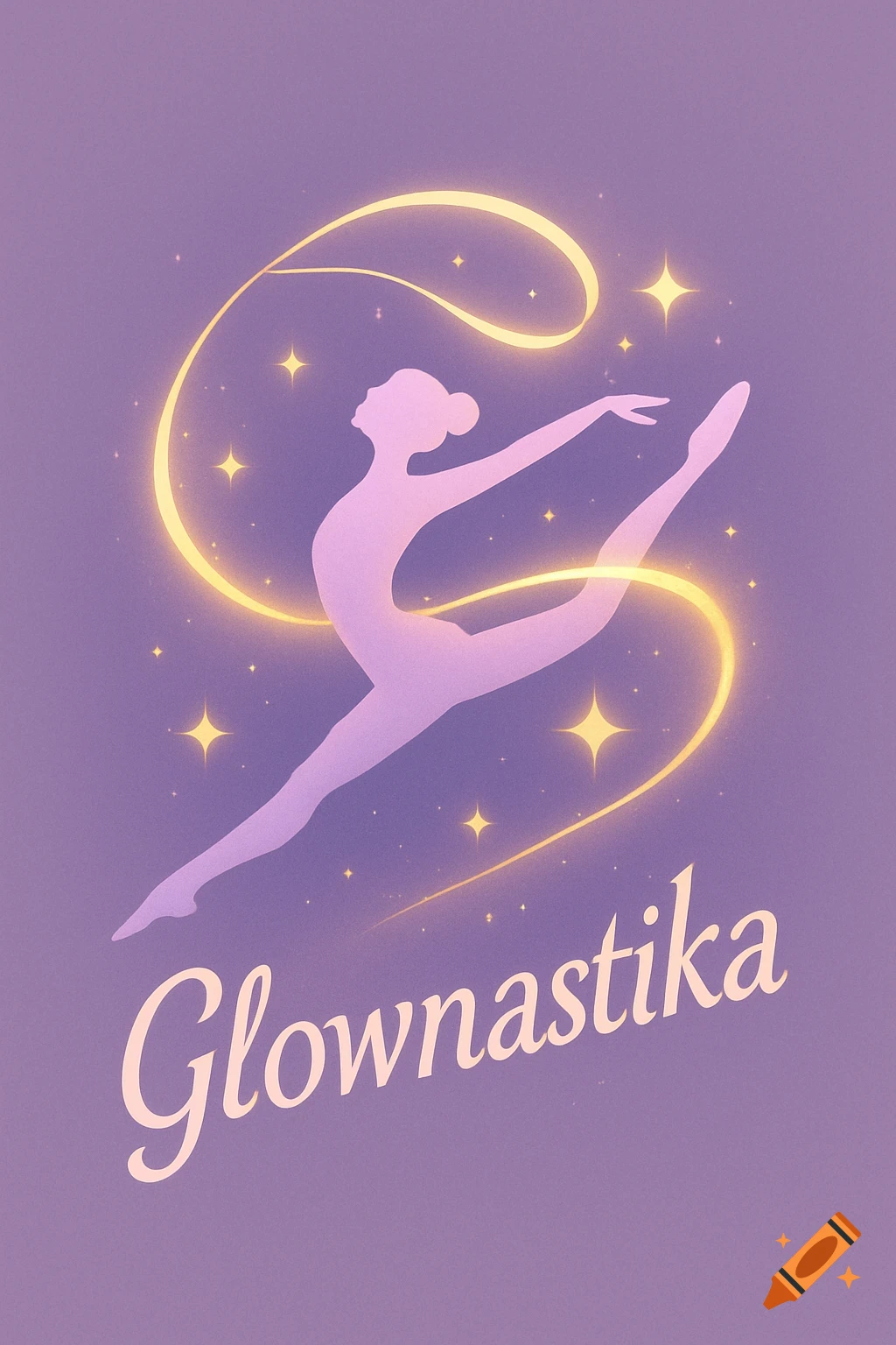 Illustration logo of a purple gymnast silhouette leaping with glowing gold ribbon and stars on a purple background. Text reads 'Glownastika'.