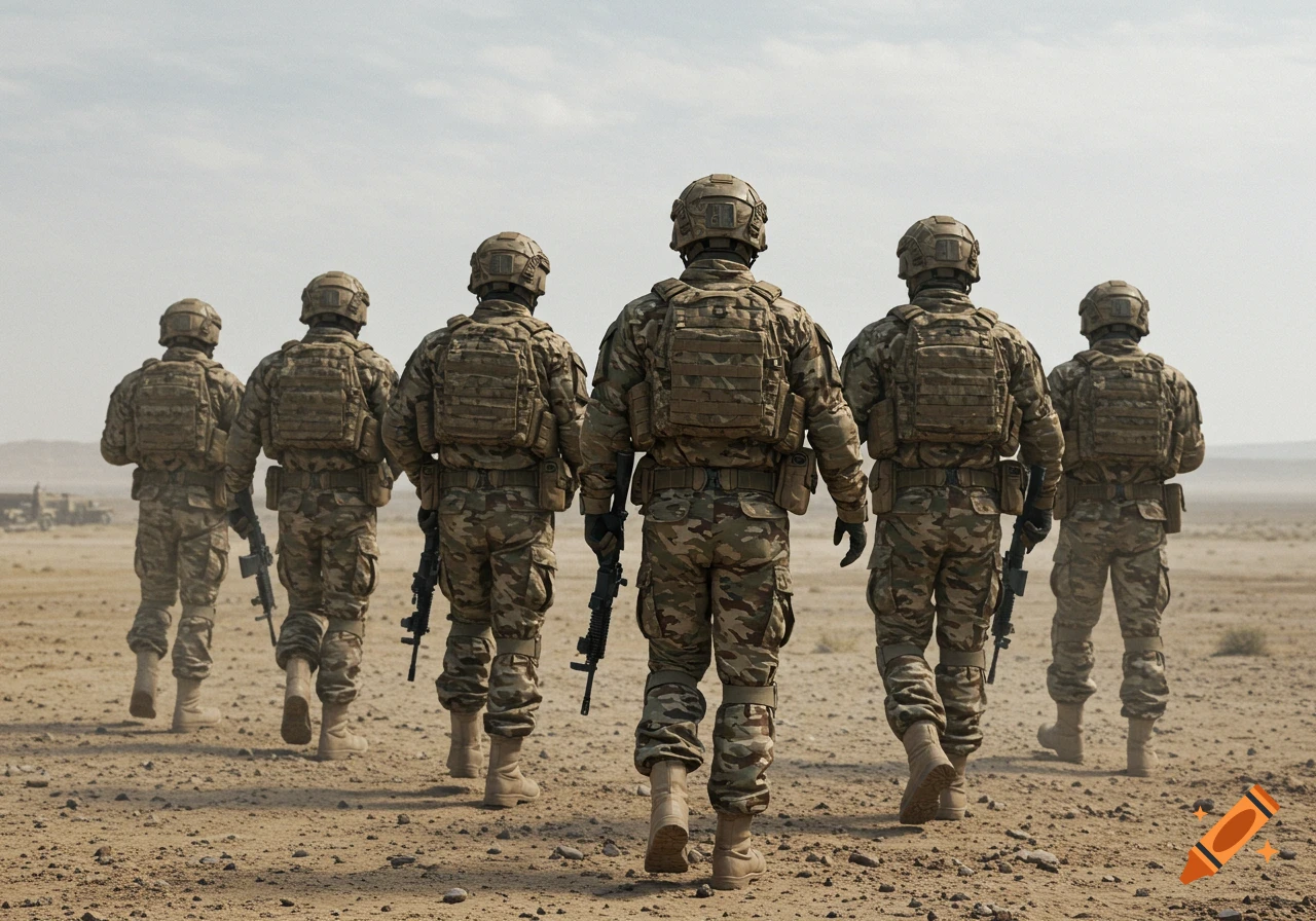 Soldiers in camouflage walk away across a desert landscape.