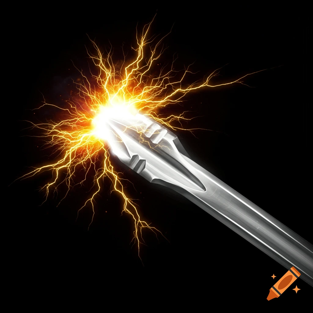A metallic object with bright yellow electricity and sparks erupting from its tip on a black background.