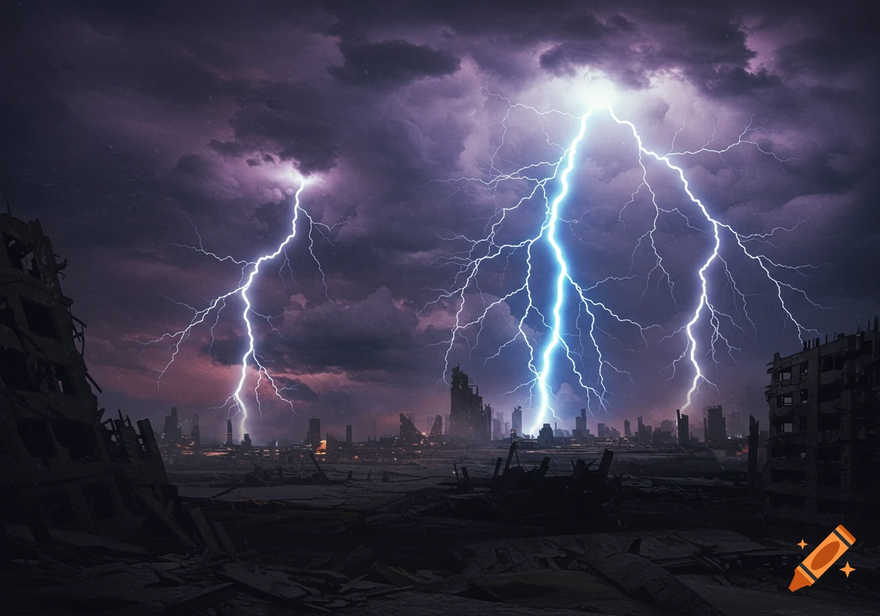 Destroyed city under a dark, stormy sky with multiple lightning strikes