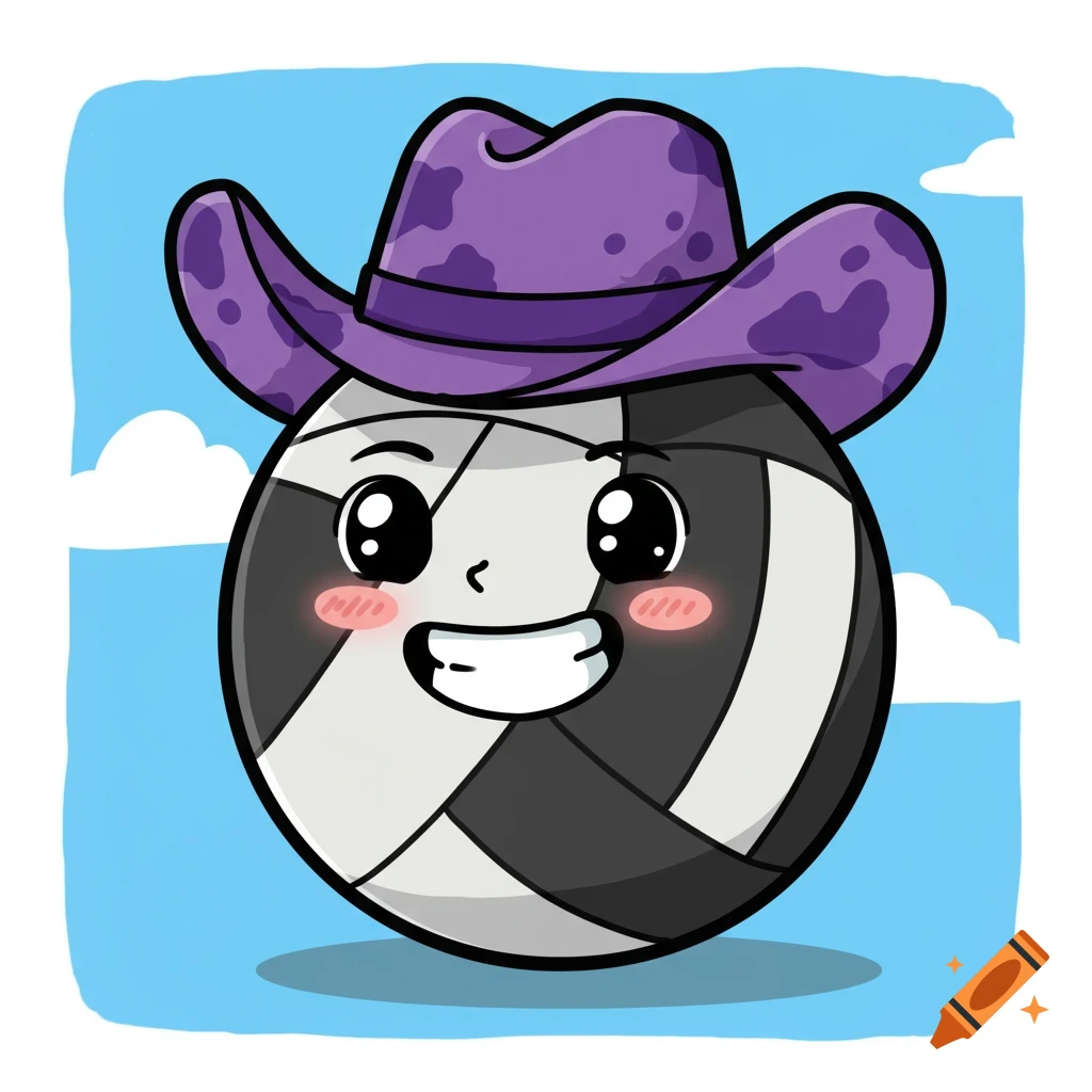 A cartoony smiling volleyball wearing a purple cow print cowboy hat against a blue sky with clouds.