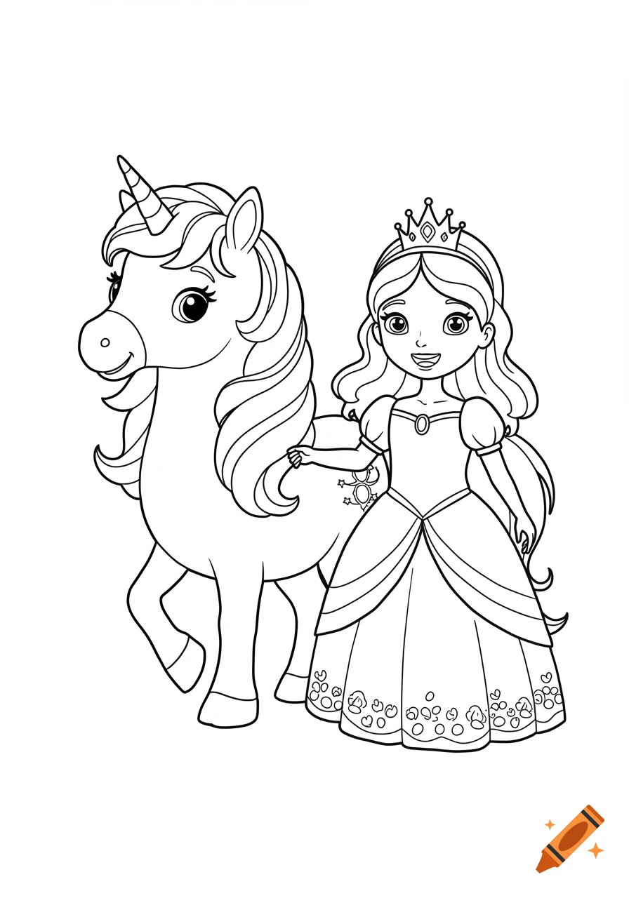 Black and white line art of a cute unicorn standing next to a princess for a coloring book.