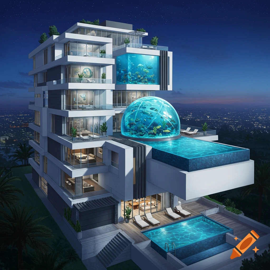 A modern multi-story building featuring integrated aquariums and rooftop pools with a city skyline at night.