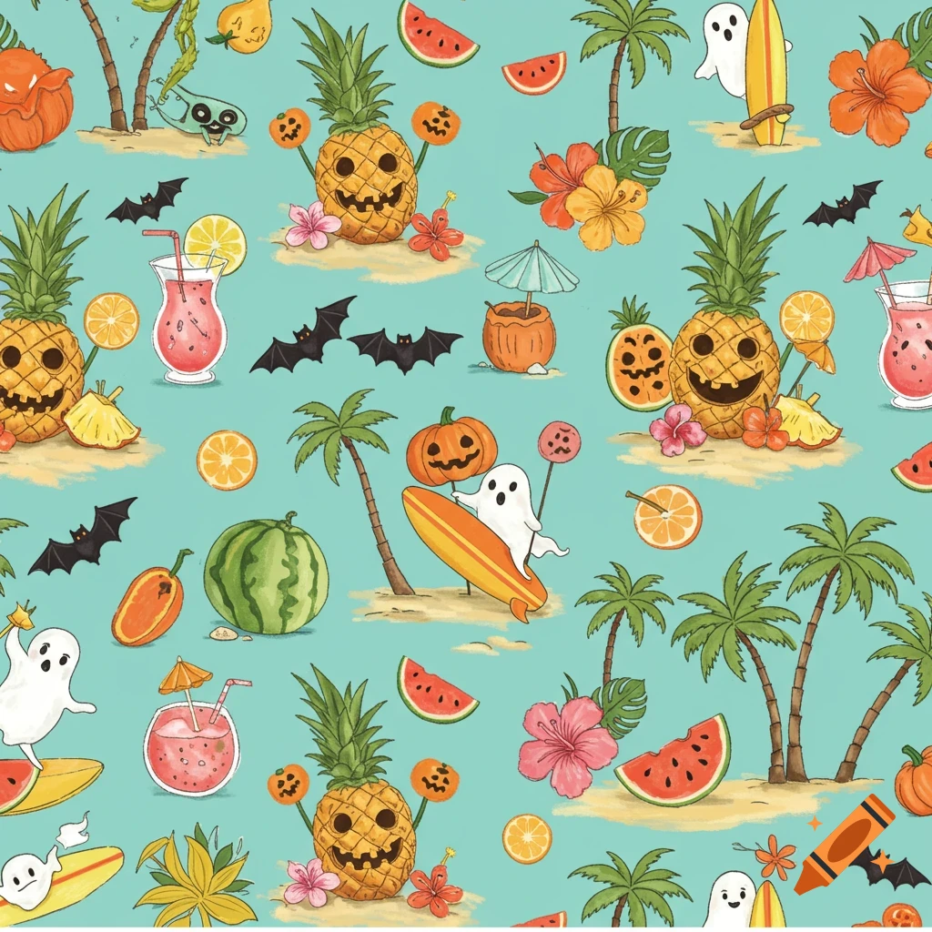 A seamless pattern with smiling pineapple pumpkins, surfing ghosts, palm trees, bats, tropical drinks, and sliced watermelon on an aqua background.