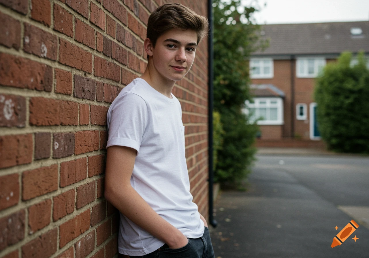 A teenage boy with brown hair in a white t-shirt and jeans leans against a brick wall outside in a photorealistic style.
