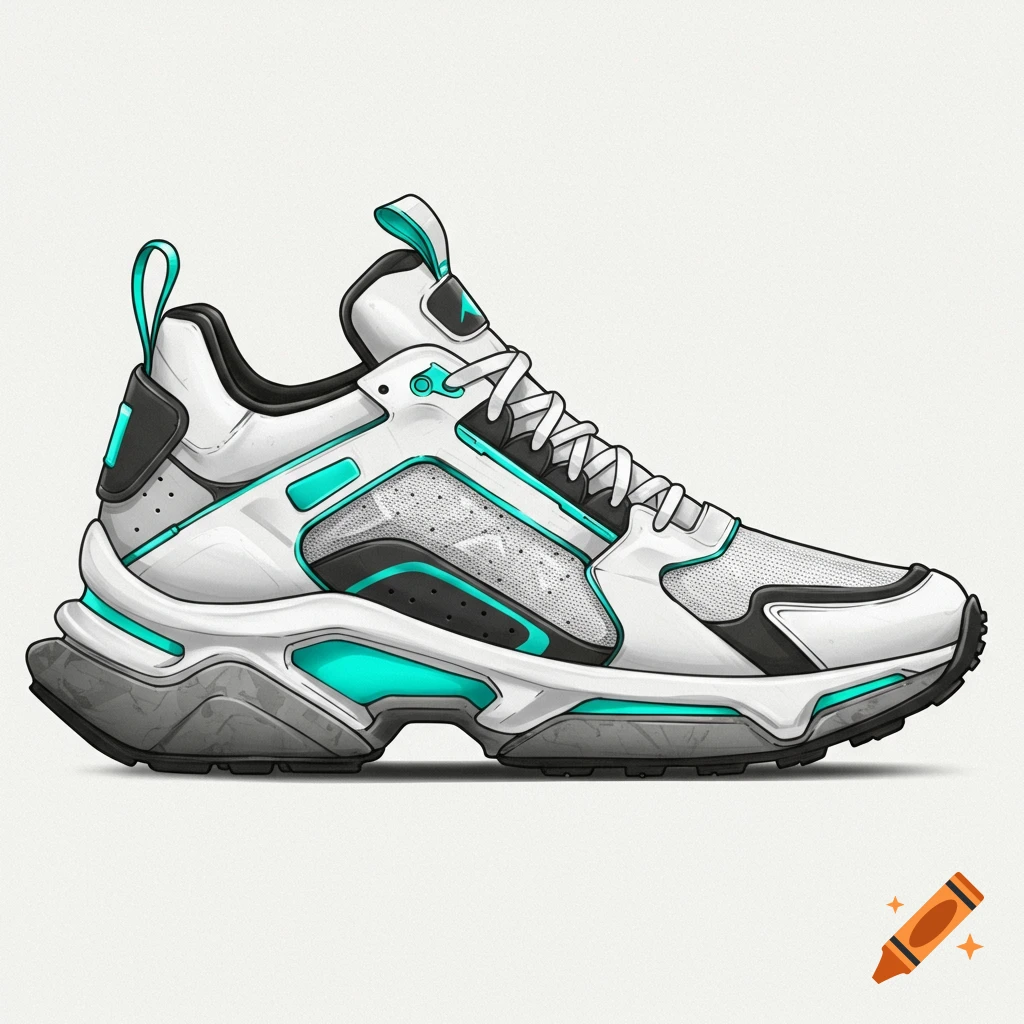 White and teal athletic shoe design with a chunky sole.