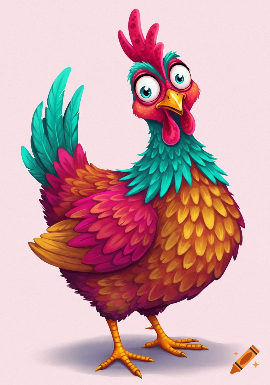 A bright, colorful cartoon chicken with large eyes