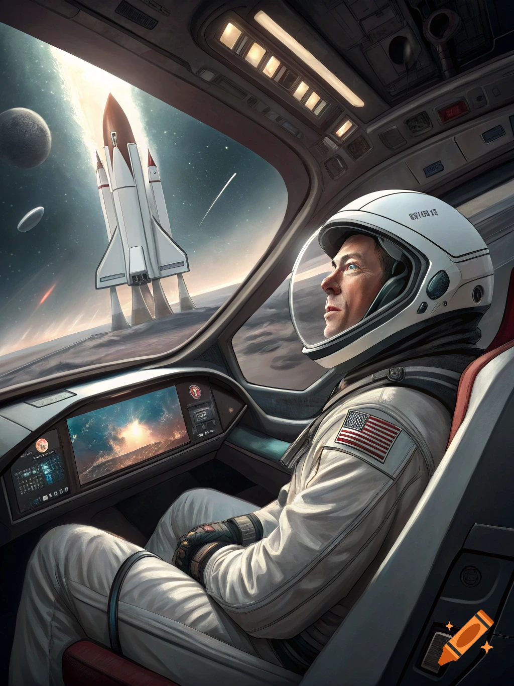 Astronaut in a spaceship cockpit looking out at a rocket launching from a planet.