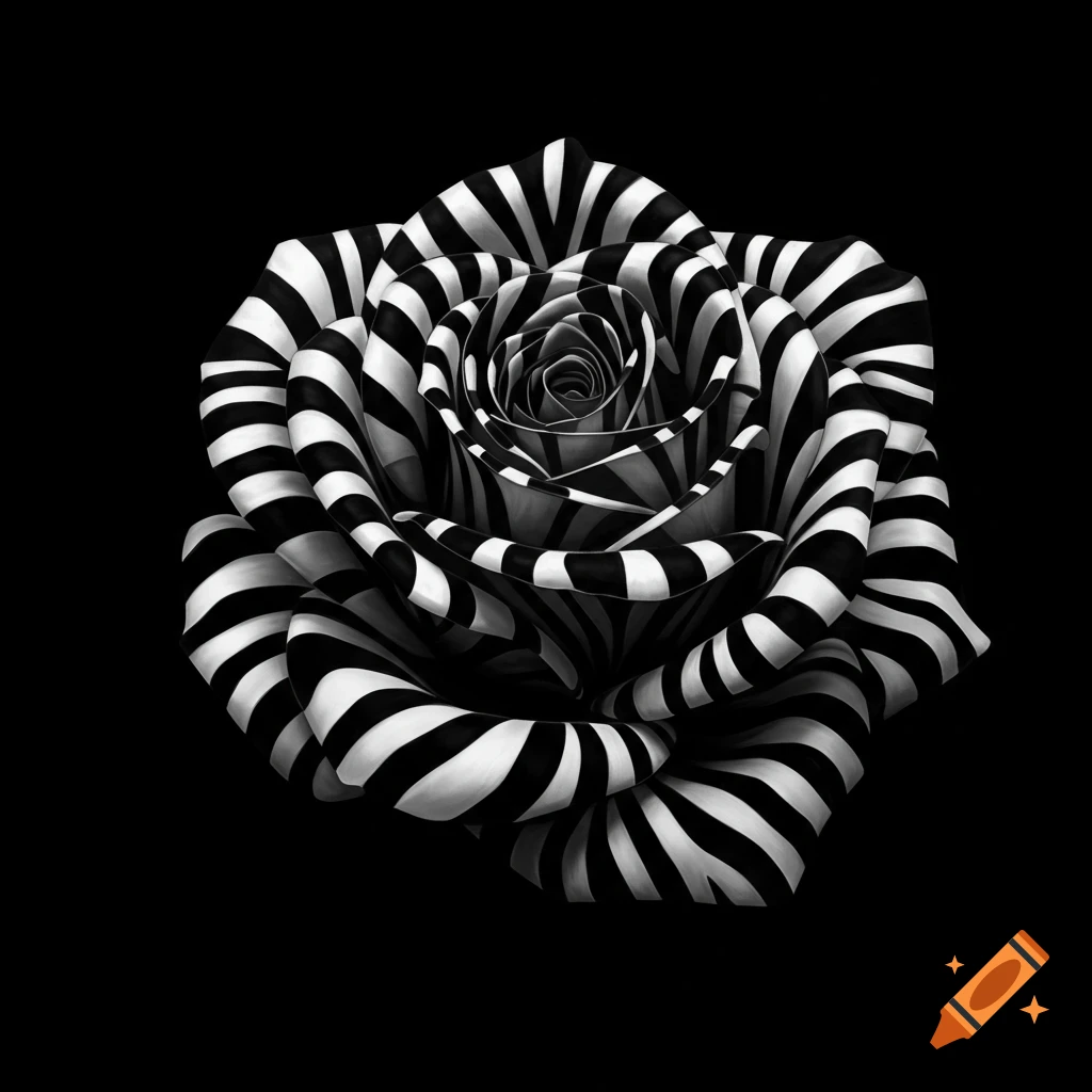 Black rose with white and black zebra stripes on its petals