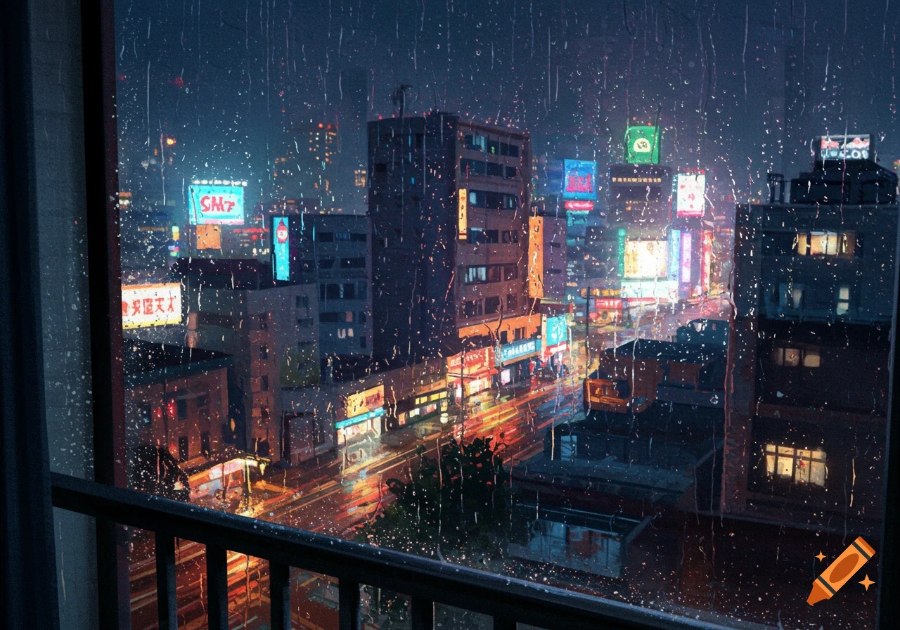 Rainy night city view from a balcony, showing neon signs reflecting on wet streets through a rain-streaked window.