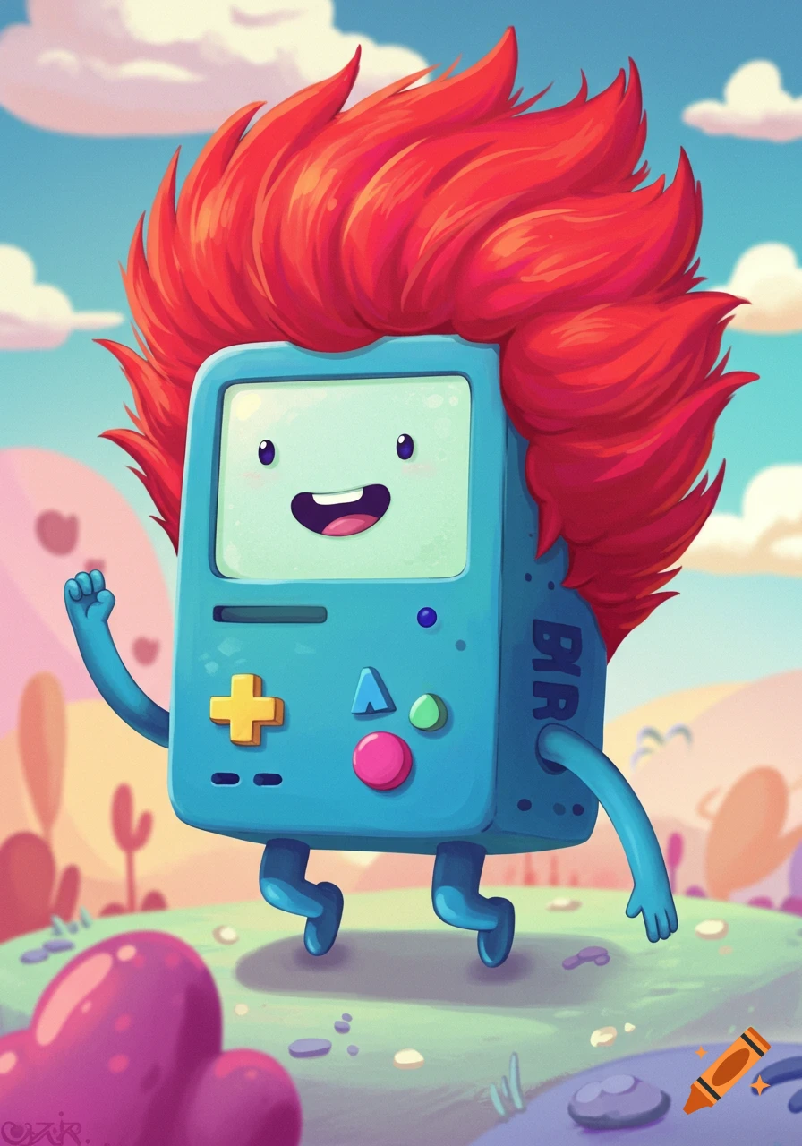 Cartoon character BMO with big red hair stands in a stylized landscape.
