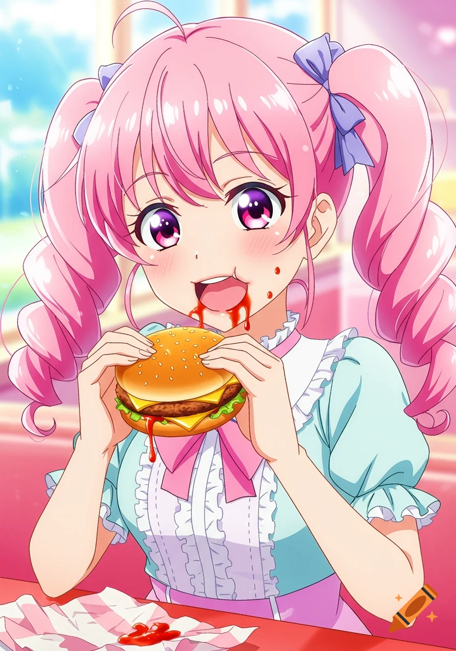 Anime girl with pink pigtails eating a messy hamburger